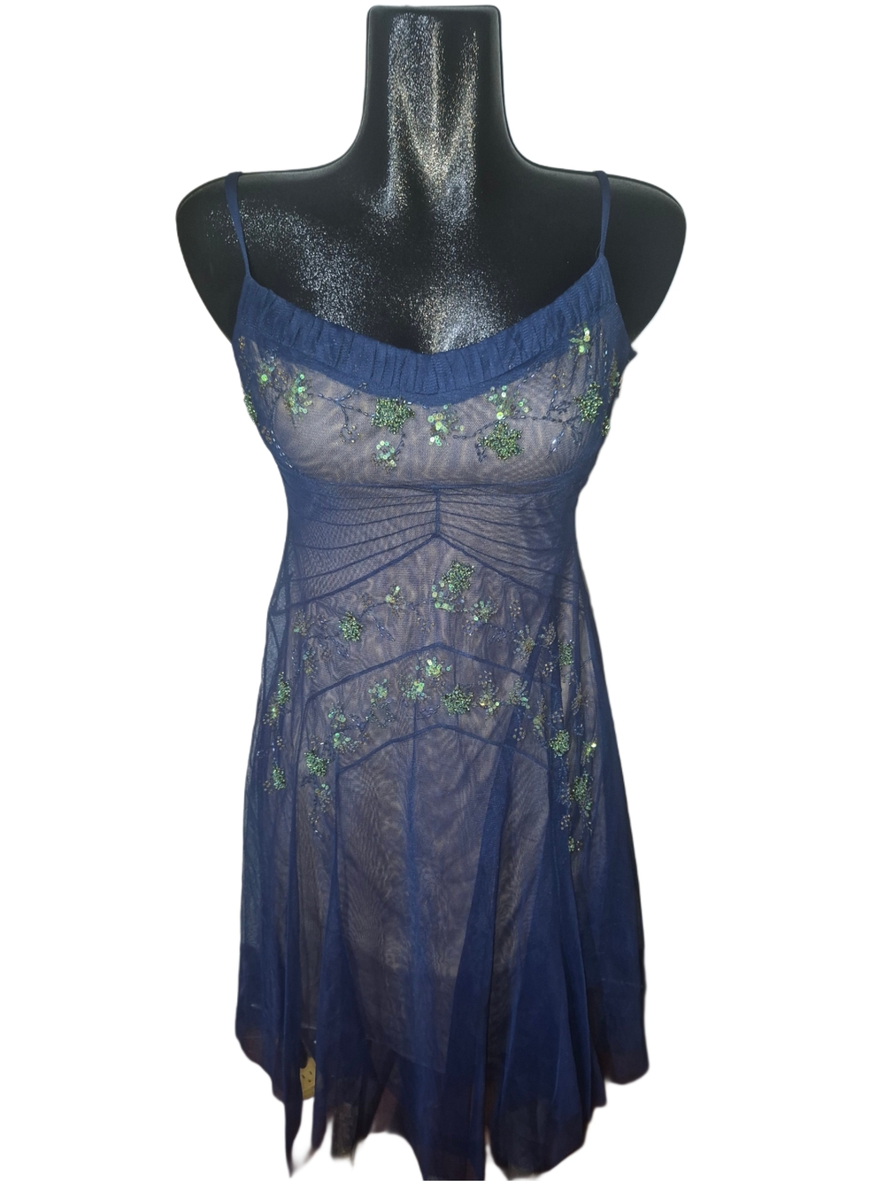 Papell Boutique Evening Vintage Y2K Blue Mesh Overlay Beaded Slip Dress Size 6